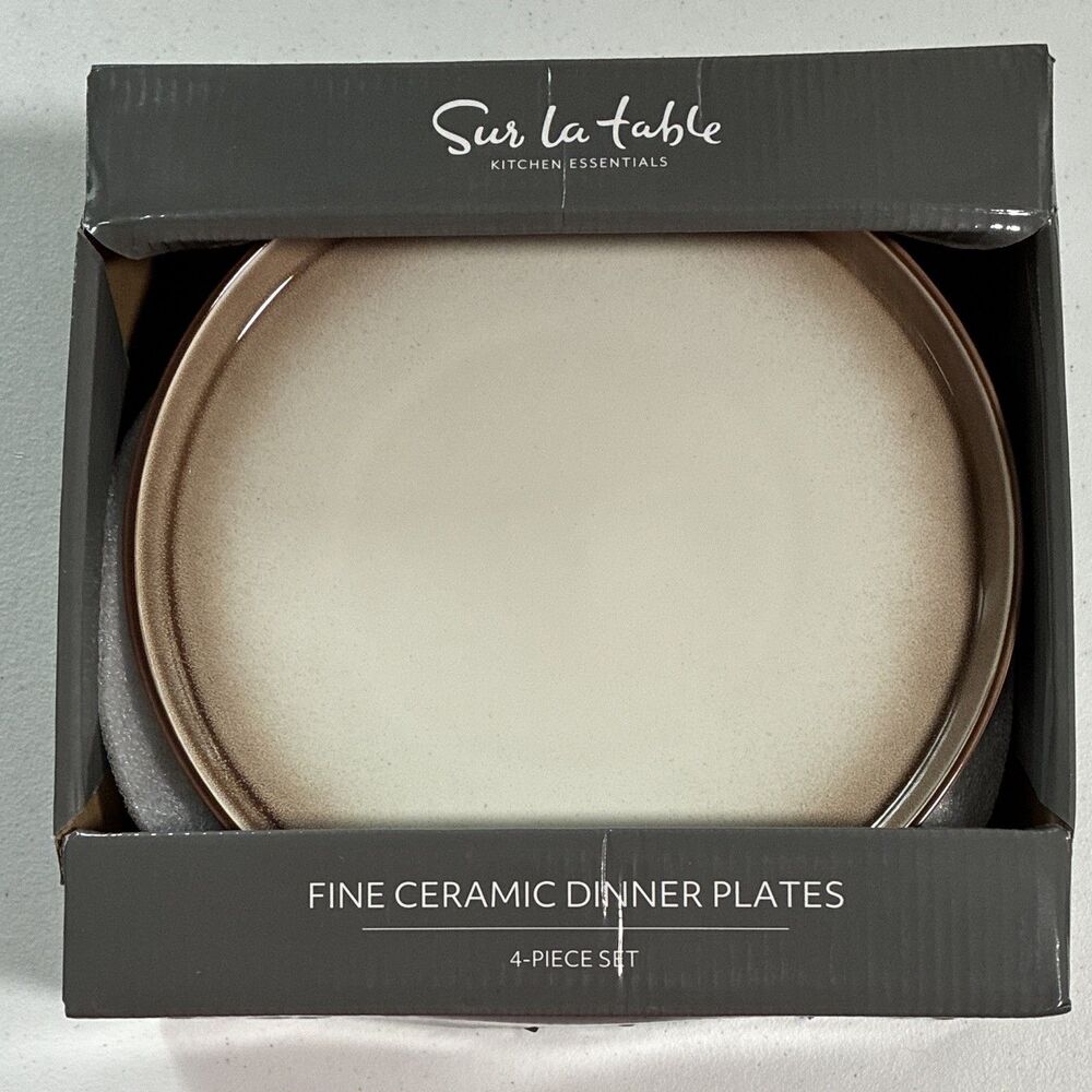 NEW Sur La Table Ceramic Dinner Plates 10" 4 pc Set Beige Brown Reactive Glaze